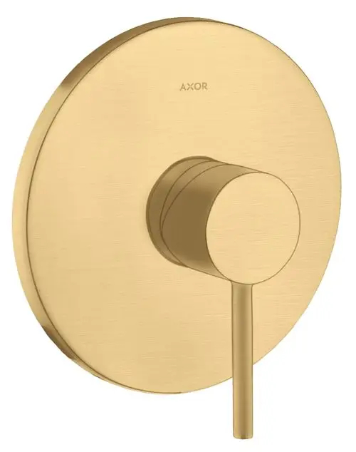 Einhebel-Brausemischer von AXOR in Brushed Gold Optic, Unterputz-Design mit runder Abdeckplatte und seitlichem Griff.